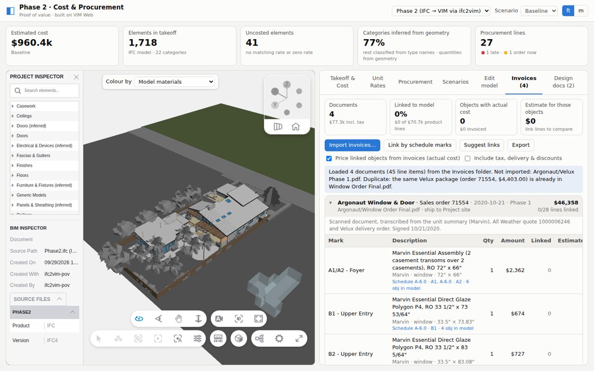 Phase 2 app with the Invoices tab open beside a 3D model of the house, showing window lines matched to schedule marks