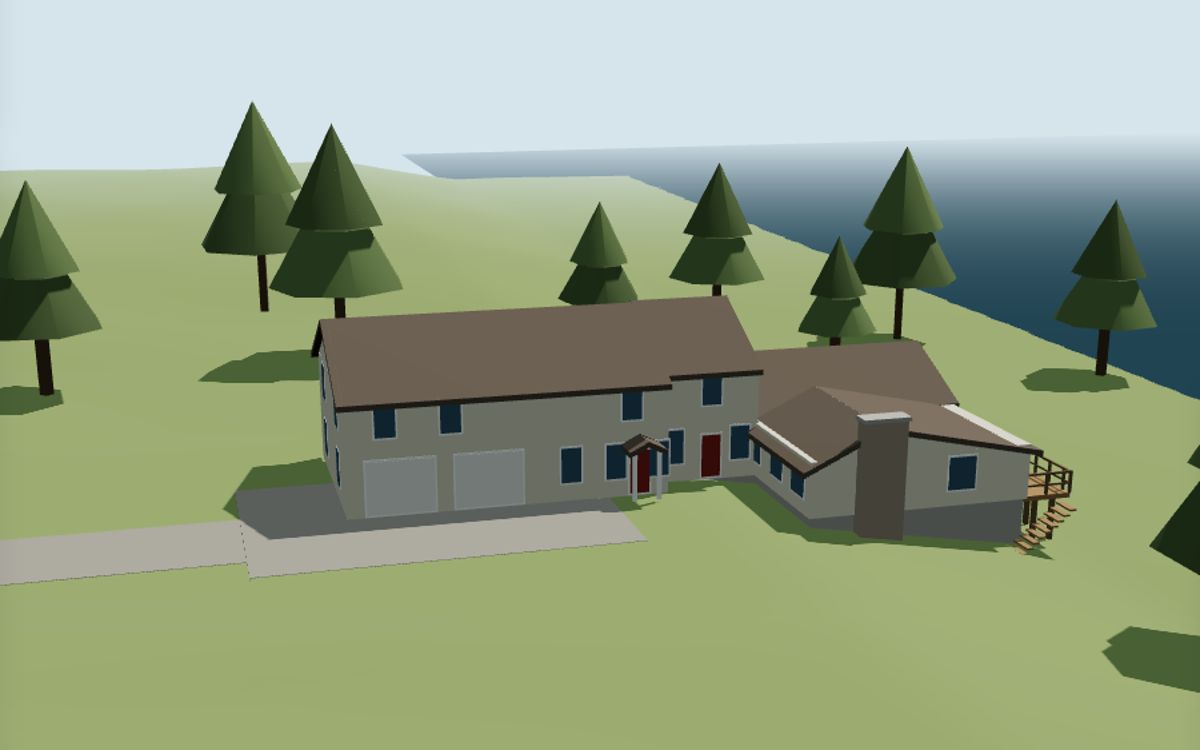 3D massing model of a two-story addition to a lakefront house among trees
